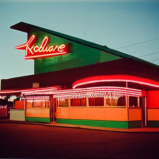 Prompt: kodachrome color photograph of a 1 9 5 0 s drive - in diner at night, neon - lights, googie architecture, americana