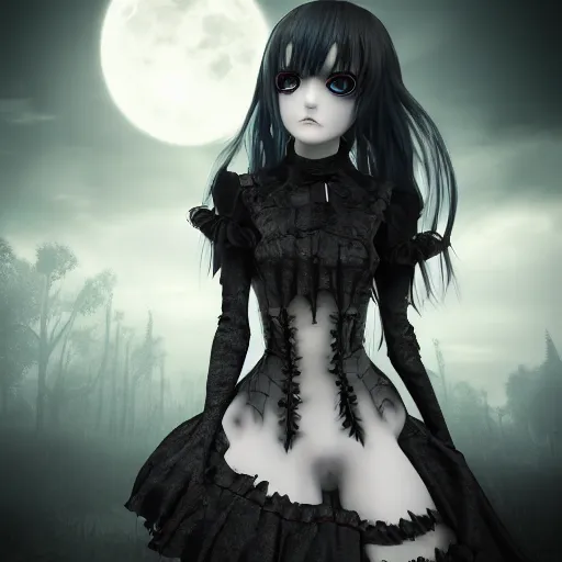 Prompt: full shot portrait of angry darkness anime girl at moonlight, gothic wearing, worrying eyes, inspired by Tim Burton, detailed, unreal engine 4k volumetric light, fog,