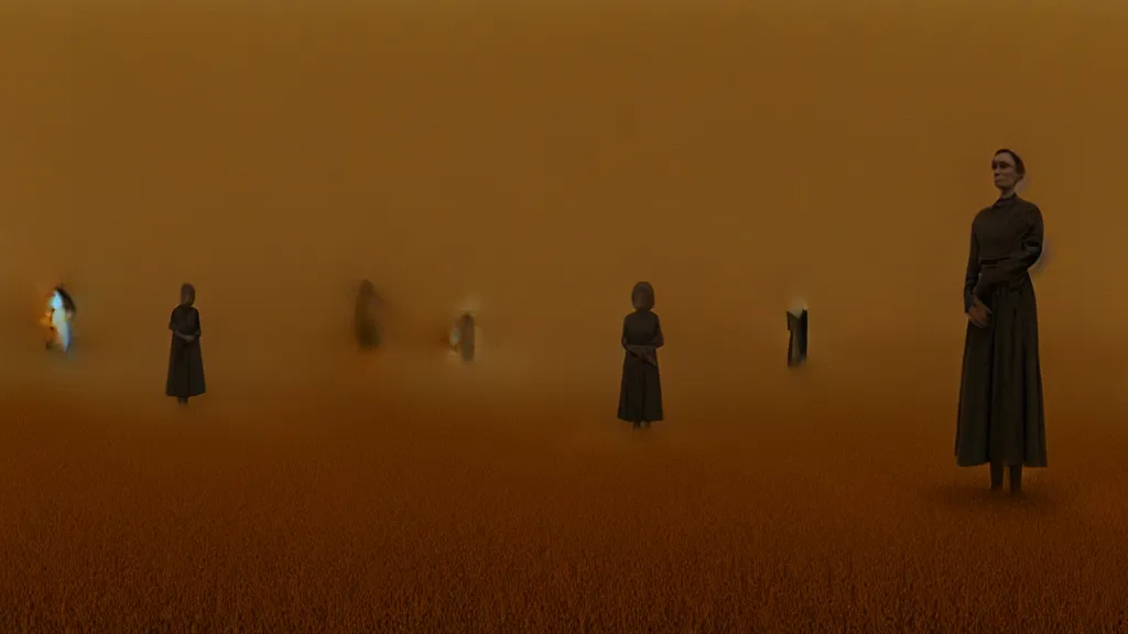 Prompt: we watch the strange creature search through our kitchen, film still from the movie directed by Denis Villeneuve with art direction by Zdzisław Beksiński, wide lens, golden hour