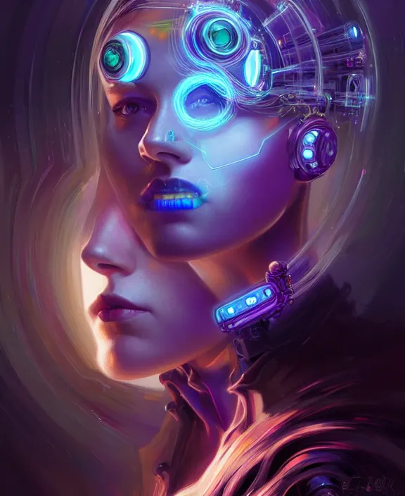 Image similar to a whirlwind of souls rushing inside the metaverse, hologram, half body, neurochip, shaved temple, piercing, jewelry, android, cyborg, cyberpunk face, by loish, d & d, fantasy, intricate, elegant, highly detailed, colorful, digital painting, artstation, concept art, art by artgerm and greg rutkowski and alphonse mucha