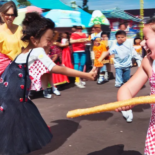 Image similar to a churro dancing away from a chubby kid that's trying to eat it at a carnival