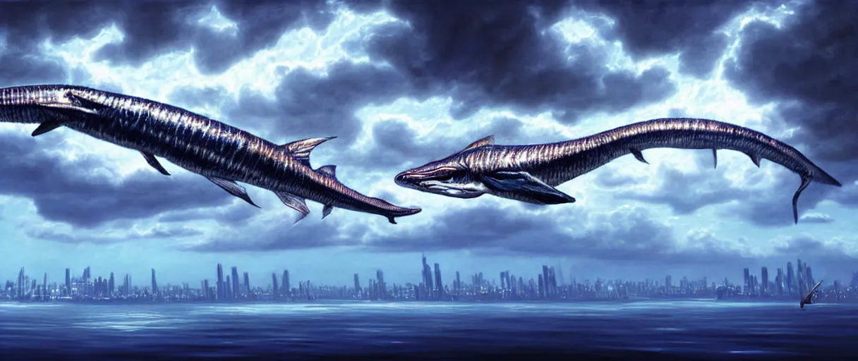 Image similar to hyperrealistic very detailed sloane’s viperfish swimming through puffy clouds above dystopian city digital painting concept art salvador dali alex grey cinematic soft glow lighting high angle hd 8k sharp shallow depth of field