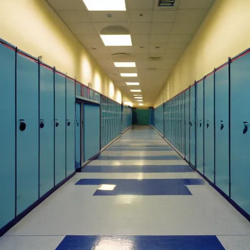 Image similar to the interior of an empty school hallway, small, cramped, blue lockers, large painted white brick walls, dim fluorescent lighting, circa 2 0 0 2