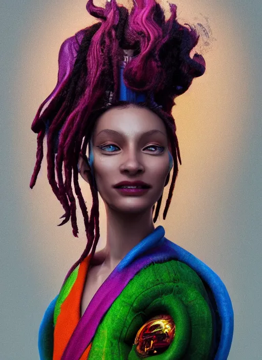 Image similar to an anthropomorphic beautiful smiling goddess female wizard portrait breathing fire wearing colourful robe, dreadlock breed hair, fine art, award winning, intricate, elegant, sharp focus, octane render, hyperrealistic, cinematic lighting, highly detailed, digital painting, 8 k concept art, art by jamie hewlett masterpiece, trending on artstation, 8 k