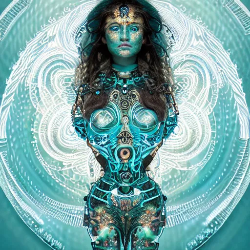 Image similar to a beautiful intricate fine art portrait photo of an indian cyborg with bionic implants, epic wavy hair spread out around her lined with white hibiscus, lying on a glowing mandala, by natalie shau and james christensen, masterpiece!, turquoise blue face, mechanical robot body, top view, studio lighting, golden ratio composition, 3 5 mm lens, deep depth of field, artstation, 8 k
