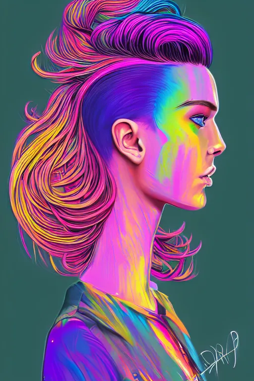 Image similar to a award winning half body portrait of a beautiful woman with stunning eyes in a printed croptop and cargo pants with rainbow colored ombre hairstyle head in motion and hair flying by josan gonzales, outrun, vaporware, shaded flat illustration, digital art, trending on artstation, highly detailed, fine detail, intricate