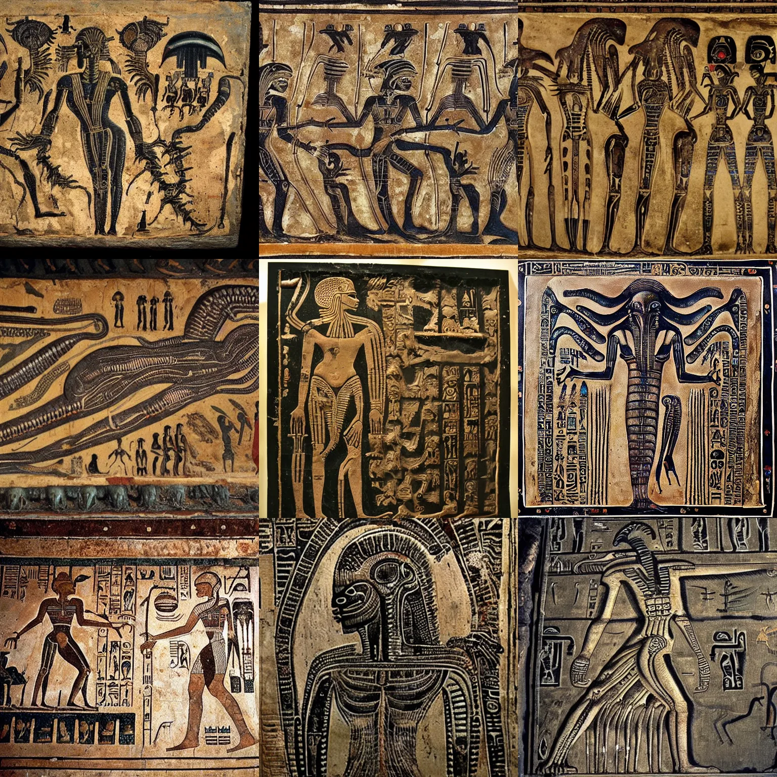 Prompt: [ xenomorph ] [ giger ] [ alien ] from movie aliens painted on highly intricate ancient egyptian mural art, with many hieroglyphs