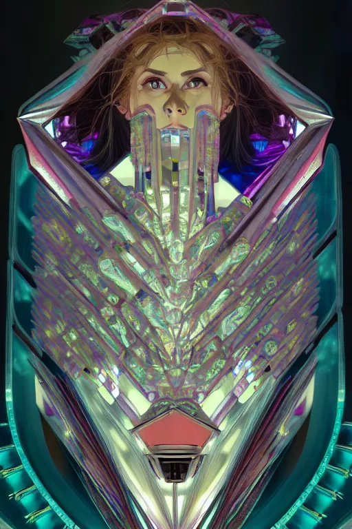 Image similar to hyperrealism, dreamland of chinese, ghost, sharp, slender and densely arranged teeth, futuristic, synthwave, art deco, expressive, dystopian, cyberpunk, mecha, halfturn portrait of a big crystal face made of crystals half - turn, ominous, intricate, oc rendered, art by alphonse mucha, concept art, 4 k, sharp focus