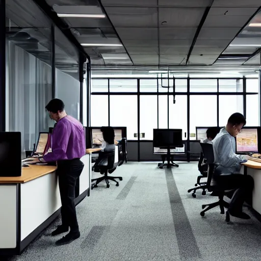 Image similar to a long shot, color studio photographic of a well disigned futuristic lookong office space with several busy staff working on their laptops, dramatic backlighting, photo from business insider 2 0 2 2, ultra realistic