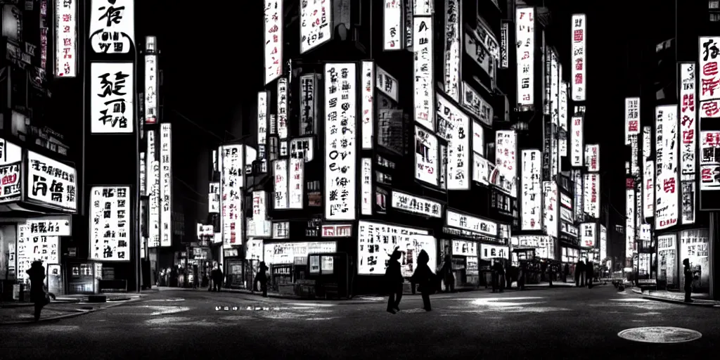 Prompt: Noir Cyberpunk Tokyo with neon signs in Japanese in Monochrome. Symbolism, Detailed Art, 8K, Epic, Dynamic Light.