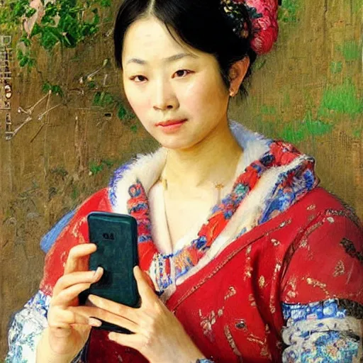 Prompt: portrait of asian beautiful woman with smartphone masterpiece painting by vasnetsov and surikov, JEAN-VICTOR BERTIN, by Terence Cuneo, detailed, t artfully traced