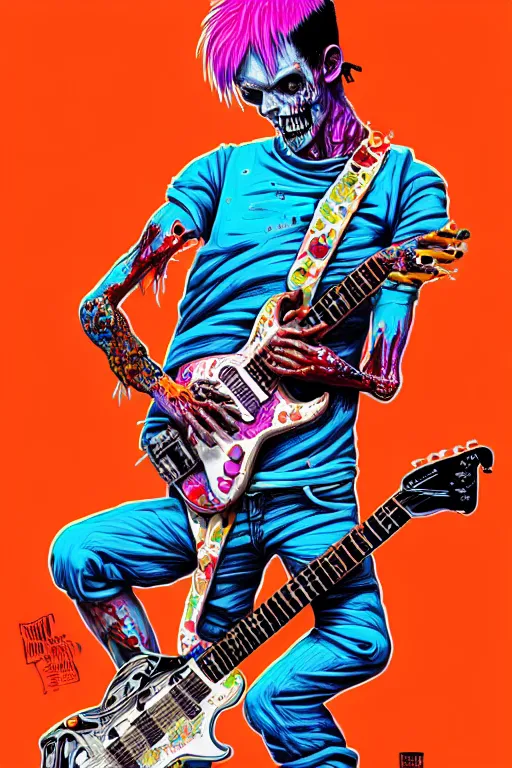 Prompt: risograph of a punk zombie playing guitar, tristan eaton, victo ngai, artgerm, rhads, ross draws, intricated details