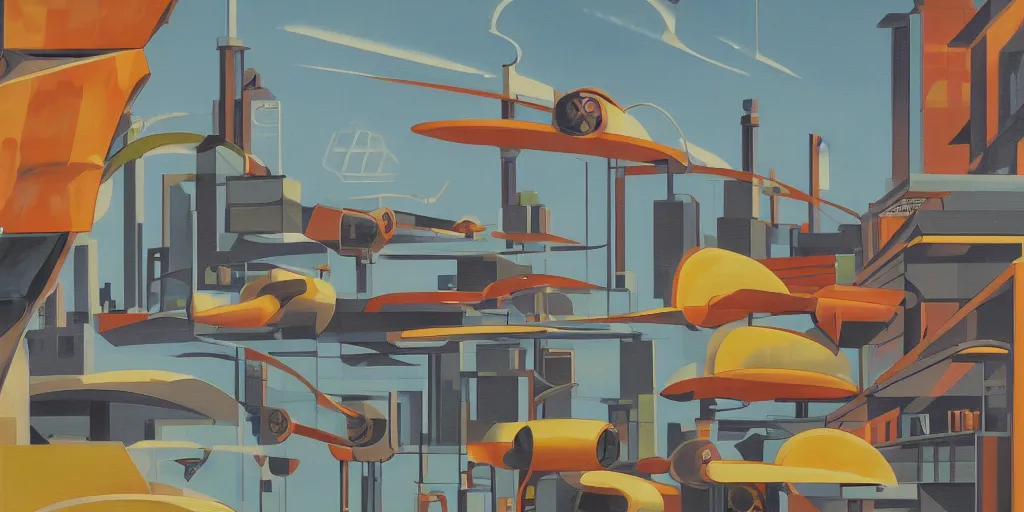 Prompt: art deco style robot factory building flying cars, oil paint on canvas retro future 8k