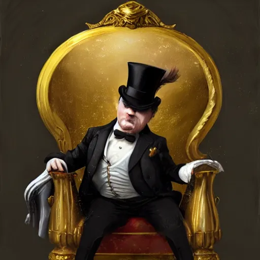Prompt: oil painting of grumpy rich steampunk penguin sitting on fancy chair, wearing top hat, holding gold, steampunk factory background, sharp focus, fantasy style, octane render, volumetric lighting, 8k high definition, by greg rutkowski, highly detailed, trending on art Station, magic the gathering artwork, centered