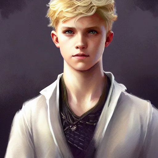 Image similar to an epic fantasy comic book style portrait painting of a young blonde boy wearing plain thief clothes, confident, d & d, fantasy, intricate, elegant, highly detailed, digital painting, artstation, concept art, matte, sharp focus, illustration, art by artgerm and greg rutkowski and alphonse mucha