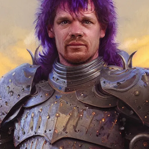 Image similar to barney from barney the dinosaur show as a realistic fantasy d & d knight, closeup portrait art by donato giancola and greg rutkowski, realistic face, digital art, trending on artstation