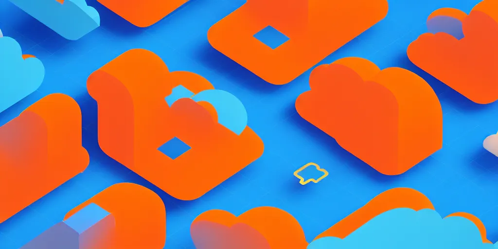 Image similar to Cloud servers, network, isometric view from above. Minimalistic design, contemporary design, infographics. Logo, Abstract Design. Blue, cyan and orange palette. Vivid, 8K, Epic, Masterpiece