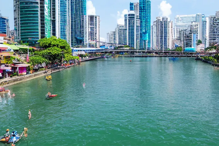 Prompt: photo of a very clean pasig river in the philippines with crystal clear blue water like boracay, high definition, tourism media