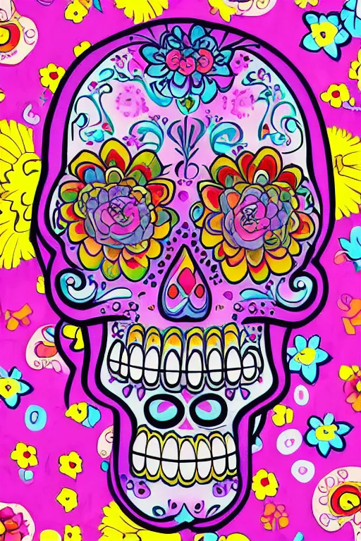 Prompt: Illustration of a sugar skull day of the dead girl, art by Lisa Frank