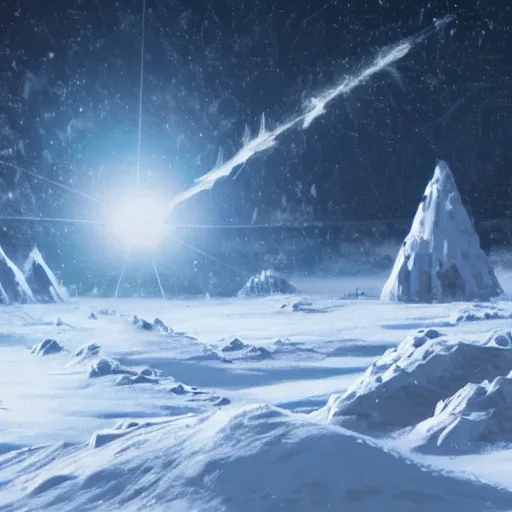 Image similar to concept art of a snow covered planet, snowstorm, ice, ice spikes, planet, space, concept art