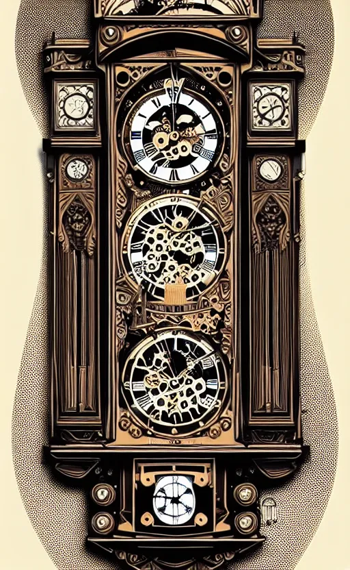 Image similar to ornate steampunk grandfather clock, high details, intricately detailed, by vincent di fate, inking, lineart, 3 color screen print, masterpiece, trending on artstation,, sharp, details, hyper - detailed, hd, 4 k, 8 k