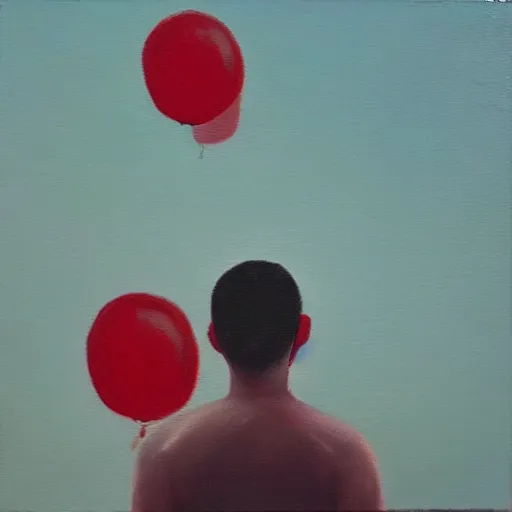 Image similar to “ wistful oil painting showing a man watching memories float away like red balloons against a sky at sunset, he wants to become a champion of loss ”