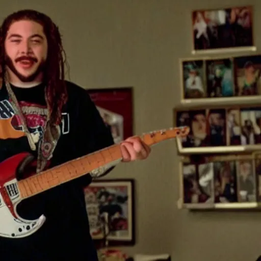 Image similar to a film still of Post Malone starring as Dewey Finn in School Of Rock (2003)