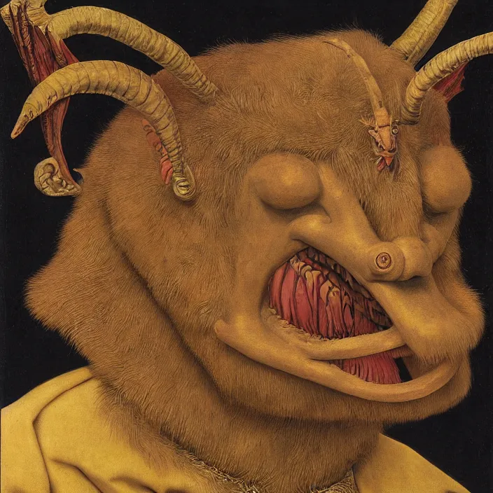 Prompt: close up portrait of an overdressed mutant monster creature with snout, horns, insect wings, unibrow, piercing eyes, toxic smile. jan van eyck, walton ford