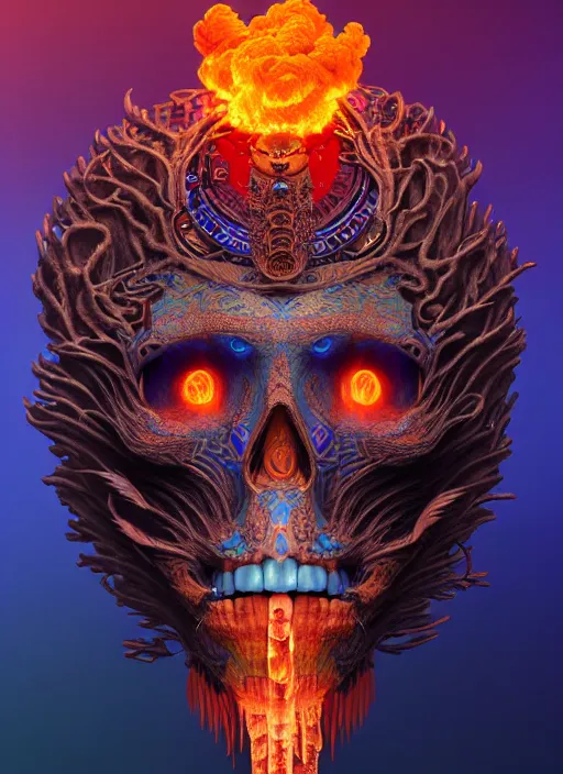 Image similar to 3 d shaman with tattoos profile portrait, sigma 5 0 0 mm f / 5. beautiful intricate highly detailed quetzalcoatl skull and feathers. bioluminescent, plasma, lava, ice, water, wind, creature, thunderstorm! artwork by tooth wu and wlop and beeple and greg rutkowski, 8 k trending on artstation,