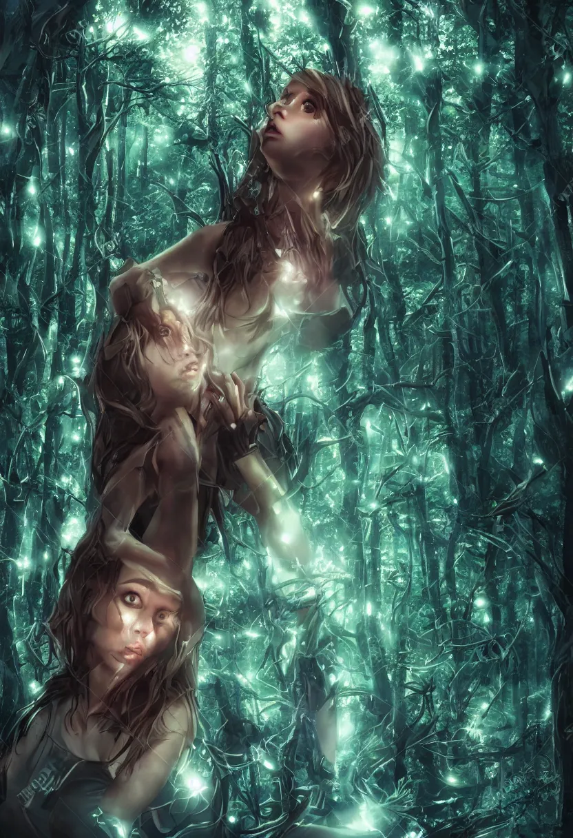 Image similar to beautiful attractive woman made of reflective chrome in the middle of a dark forest, hq artwork, coherent, insane detail, concept art, character concept, cinematic lighting, global illumination radiating a glowing aura