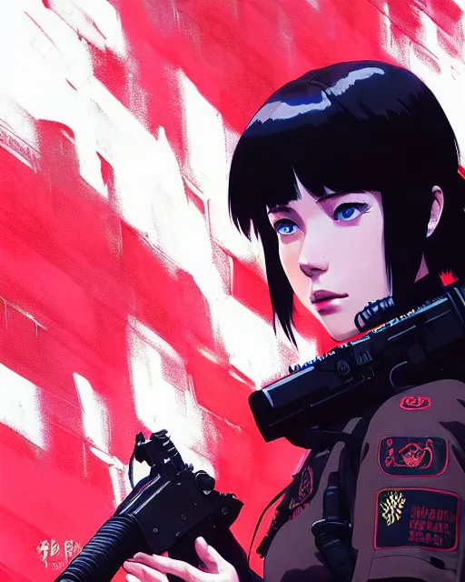 Image similar to girl wearing in tactical gear | | audrey plaza, fine detail!! anime!! realistic shaded lighting!! dramatic!! poster by ilya kuvshinov katsuhiro otomo ghost - in - the - shell, magali villeneuve, artgerm, jeremy lipkin and michael garmash and rob rey