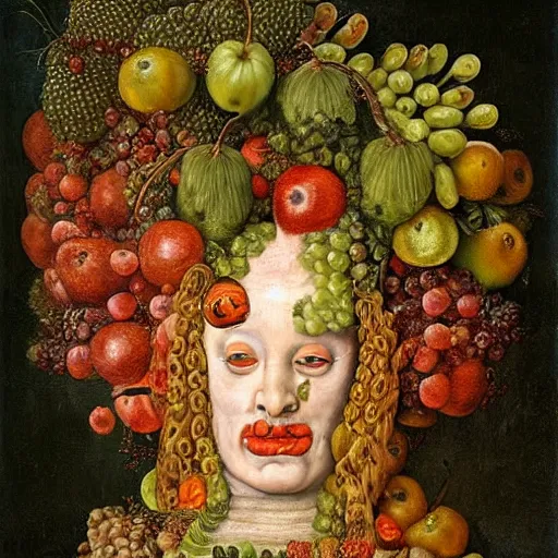 Image similar to Medusa as a fruit painting, by Giuseppe Arcimboldo