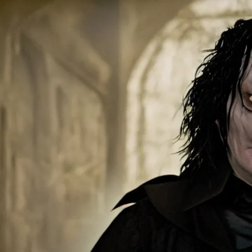 Prompt: Edward Scissor Hands as Snape from Harry Potter as The Crow, Gritty Dark Cinematic Lighting, Screen-Still