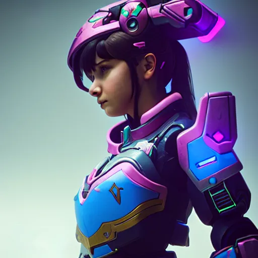 Image similar to a young girl with the appearance and armor of d. va from overwatch, portrait, octane render, 4 k, ingame shot