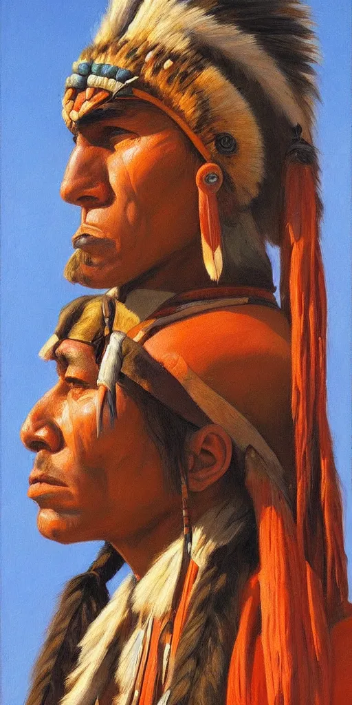 Image similar to a stunning and noble highly detailed portrait of a native american warrior by edward hopper, trending on artstation, oil painting masterpiece, symmetry, mysterious, very very very aesthetic