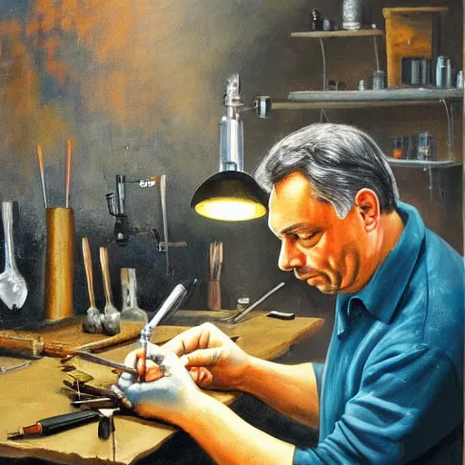 Prompt: viktor orban soldering in a workshop, oil painting