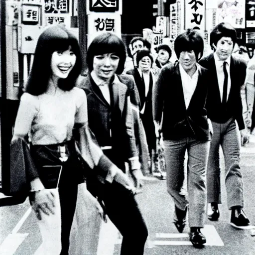 Image similar to 1 9 7 0 s, black and white japanese tv show, ph, mechanical monsters walking the streets of shinjuku