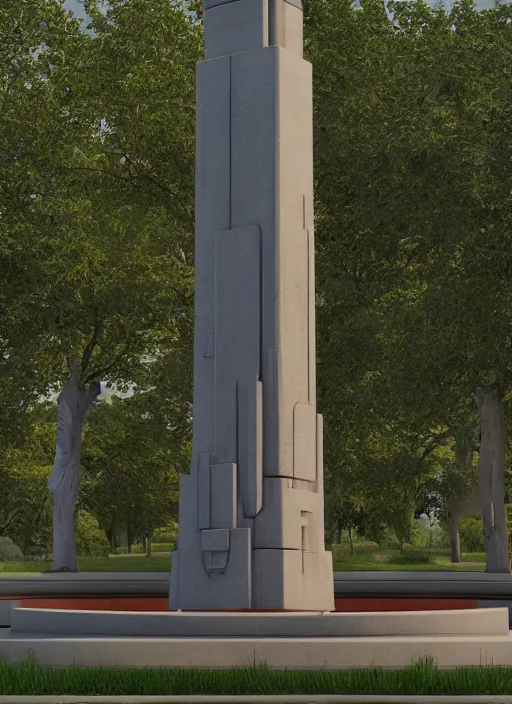 Image similar to highly detailed realistic architecture 3 d render of a futuristic stele monument in frank lloyd wright style standing in city park, archdaily, made in unreal engine 4 octane render