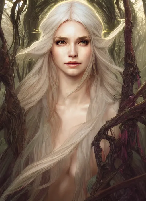 Image similar to portrait of a fantasy elf female sorceress queen with long white hair flowing wind in an ancient forest filled with magic, highly detailed, digital painting, artstation, smooth, sharp focus, detailed face, illustration, art by artgerm and greg rutkowski and alphonse mucha