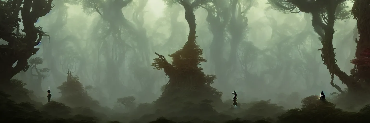 Image similar to Mysterious beautiful Buddhist forest, matte painting by Peter Mohrbacher, featured in artstation, octane render, cinematic, elegant, intricate, 8k