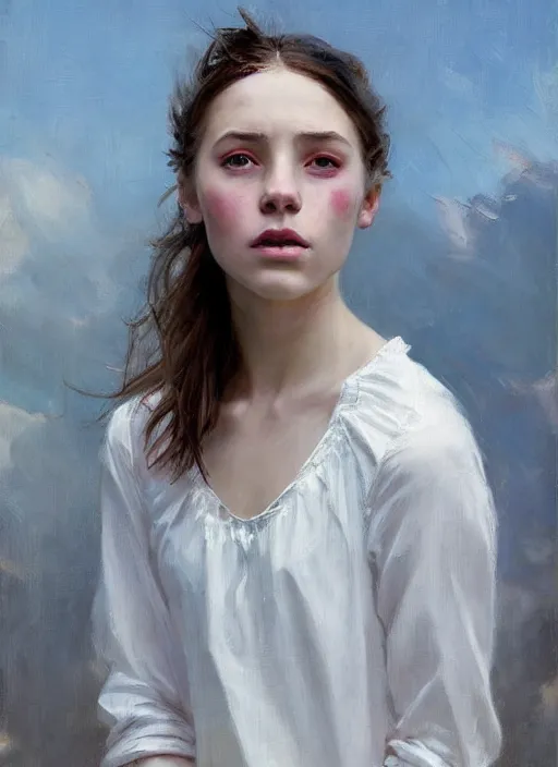 Image similar to portrait of girl dressed in white clothes , countryside, fantasy character portrait, dynamic pose, above view, view from above, sunny day, thunder clouds in the sky, artwork by Jeremy Lipkin and Giuseppe Dangelico Pino and Michael Garmash and rob rey, very coherent symmetrical artwork, perfect face, simple form, 100mm