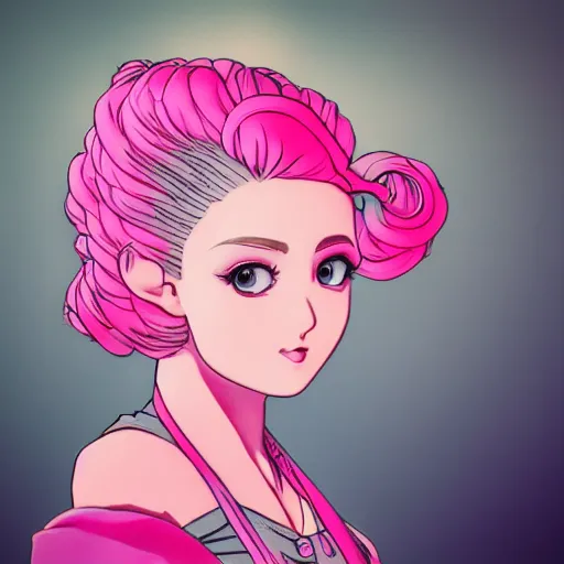 Image similar to beautiful pink little girl, profile picture, vintage fashion, highly detailed, reflection, 8 k, realistic artwork, hd, inspired by jojo bizarre adventure, 9 0 s anime art style