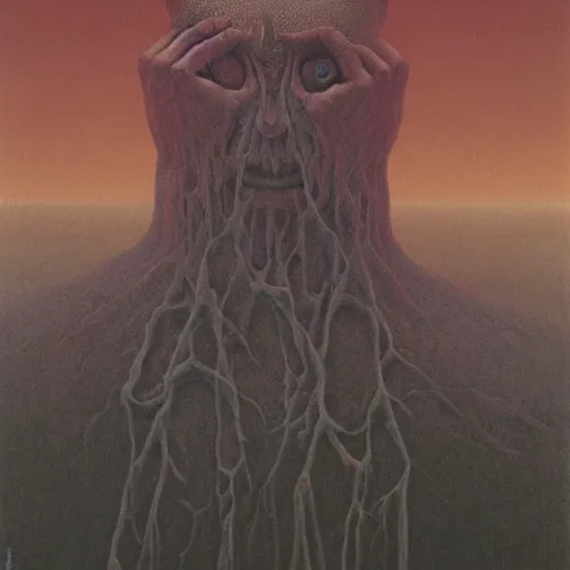 Image similar to Zdzisław Beksiński by Gerald Brom, landscape humans horror