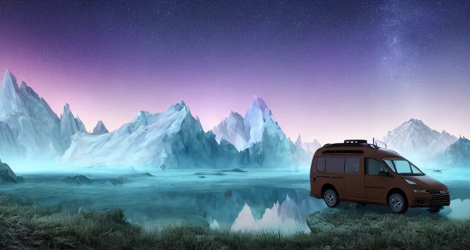 Prompt: An epic fantasy style landscape painting of a Mountainrange and a lake, with a starry sky and milkyway and breathtaking aurora and a beige Volkswagen Caddy Campervan 4x4, a glacier can be seen in the distance, unreal 5, DAZ, hyperrealistic, octane render, volumetric clouds dynamic lighting