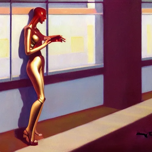 Image similar to a robot woman, edward hopper, hajime sorayama, trending on artstation,