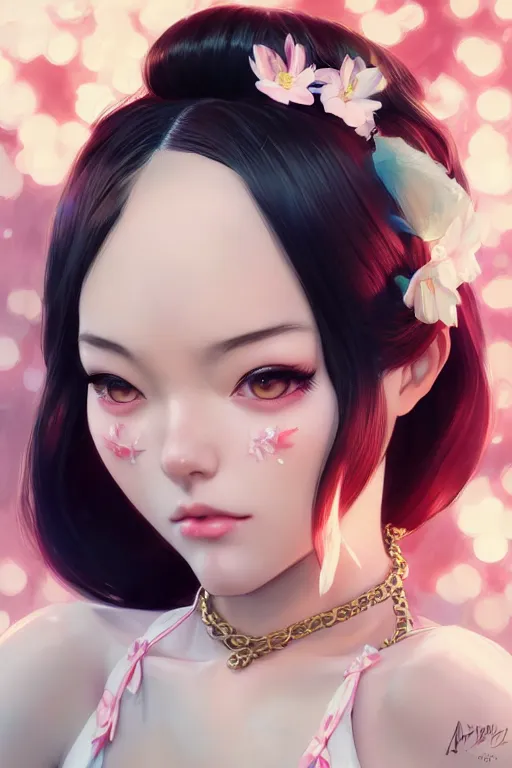 Image similar to a pin up and beautiful fashion charming dreamlke japan girl with lv jewelry, character art, art by artgerm lau and wlop and and ilya kuvshinov and john singer sargent, hyperdetailed, 8 k realistic, symmetrical, frostbite 3 engine, cryengine, dof, trending on artstation, digital art