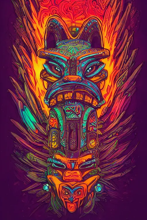 Image similar to totem animal tribal chaman vodoo mask feather gemstone plant wood rock video game illustration vivid color borderlands by josan gonzales and dan mumford radiating a glowing aura