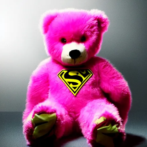 Image similar to fluffy pink teddybear in superhero costume, cinematic explosions, dramatic pose