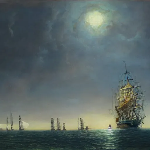 Prompt: a beautiful coastline with an ominous biopunk tower with glowing lights rising in the distance with a sailing ship in the foreground, painting by John Berkley