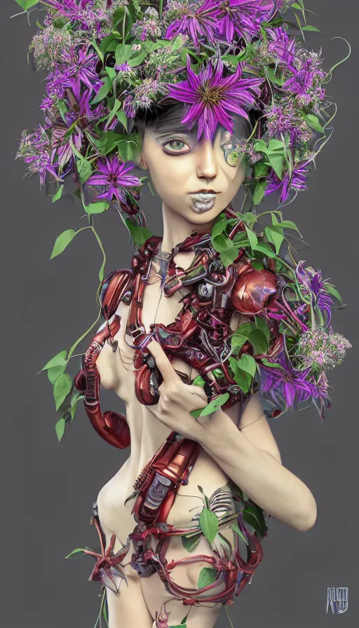 Prompt: full body head to toe portrait of a flowerpunk sci-fi cyborg spy, third person, D&D, sci-fi fantasy, intricate, red VR goggles, lily and clematis vines and sunflower, highly detailed, art by Range Murata, highly detailed, 3d, octane render, bright colors, digital painting, trending on artstation, sharp focus, illustration style of Stanley Artgerm, dramatic background